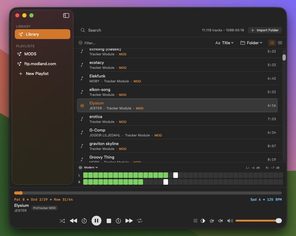 Empiria music player for Mac playing the MOD module Elysium, with library, VU meters and live pattern, order and row readout