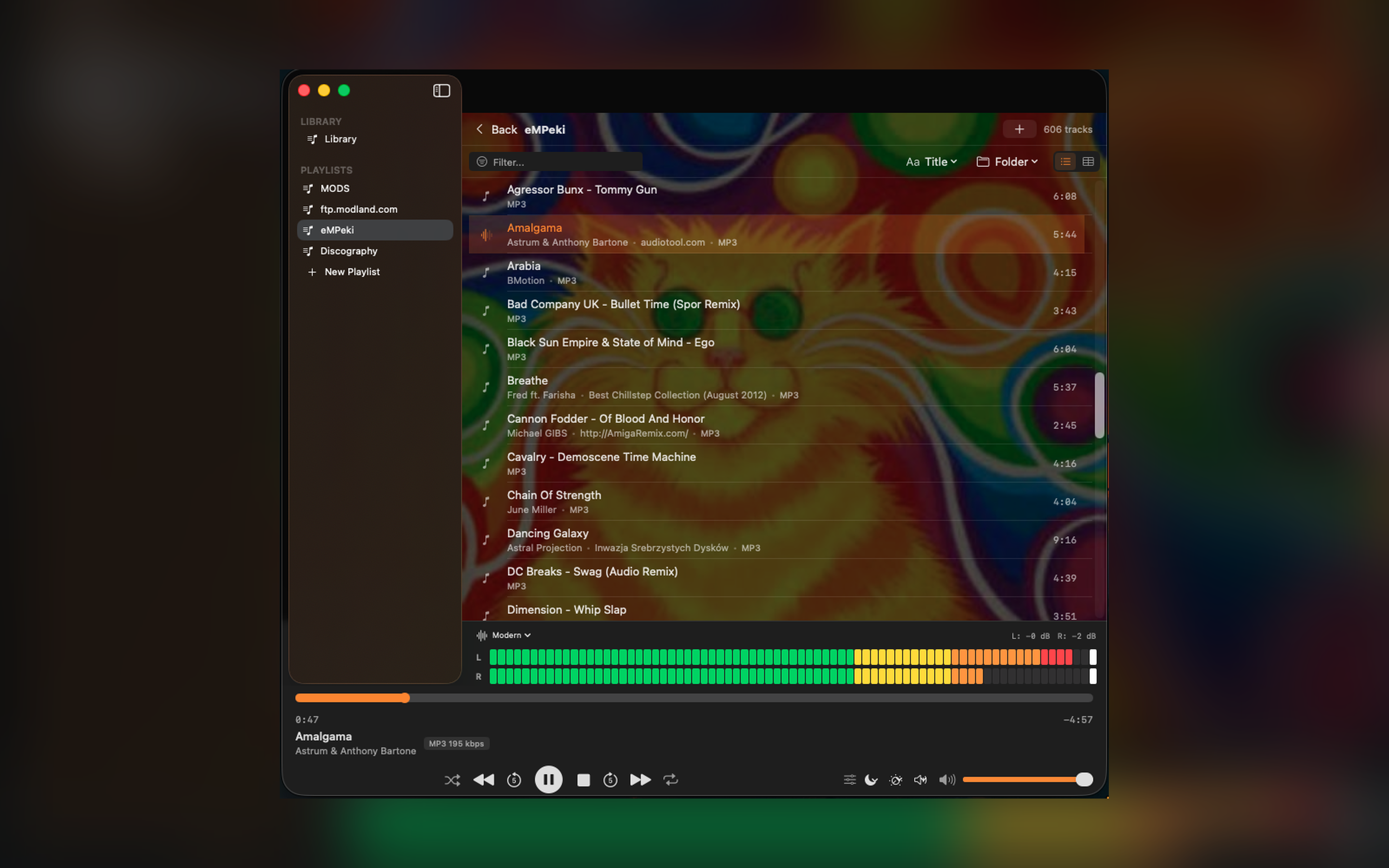 Empiria library view with playlists, track list and VU meters