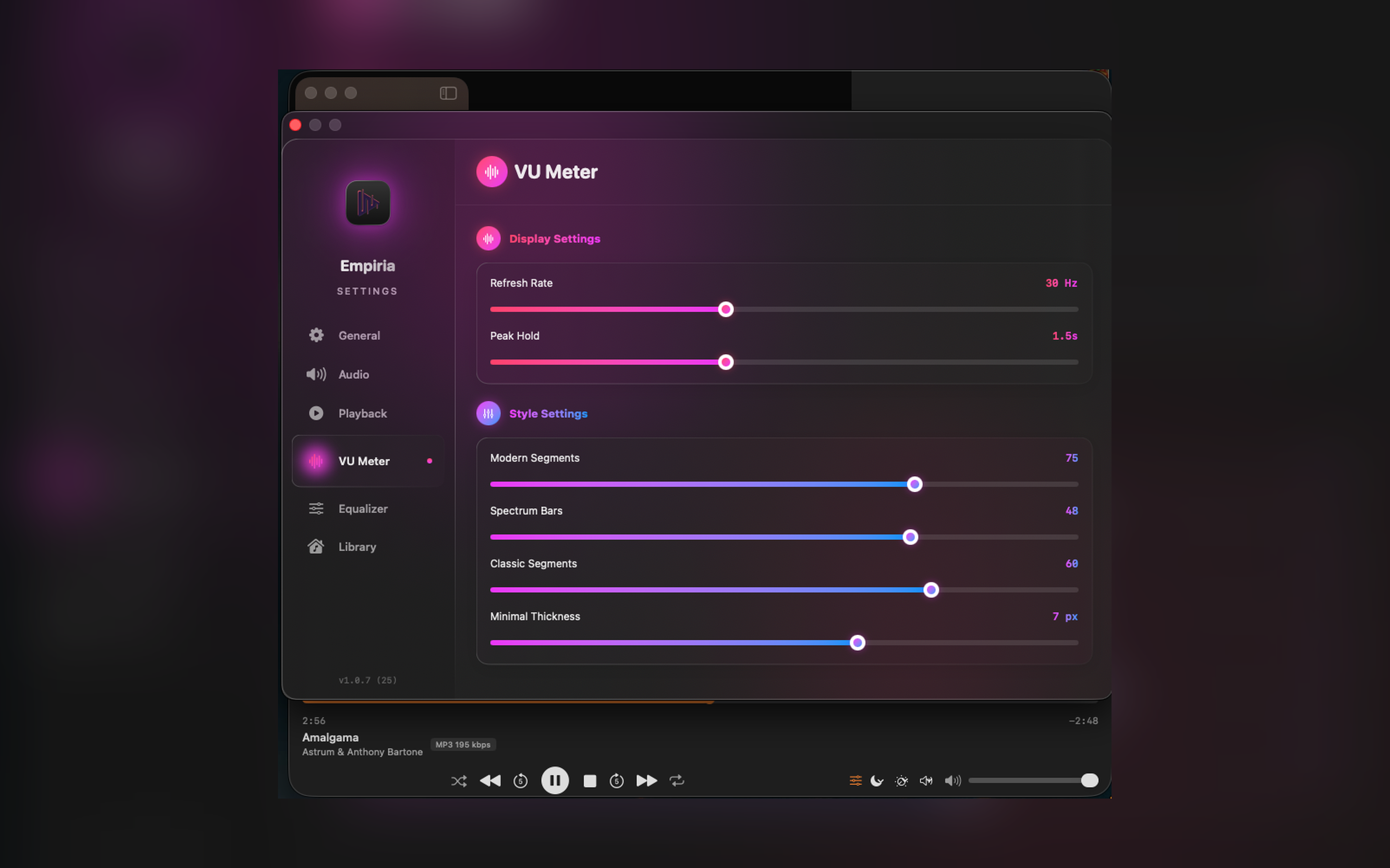 Empiria VU meter settings: refresh rate, peak hold, segment counts