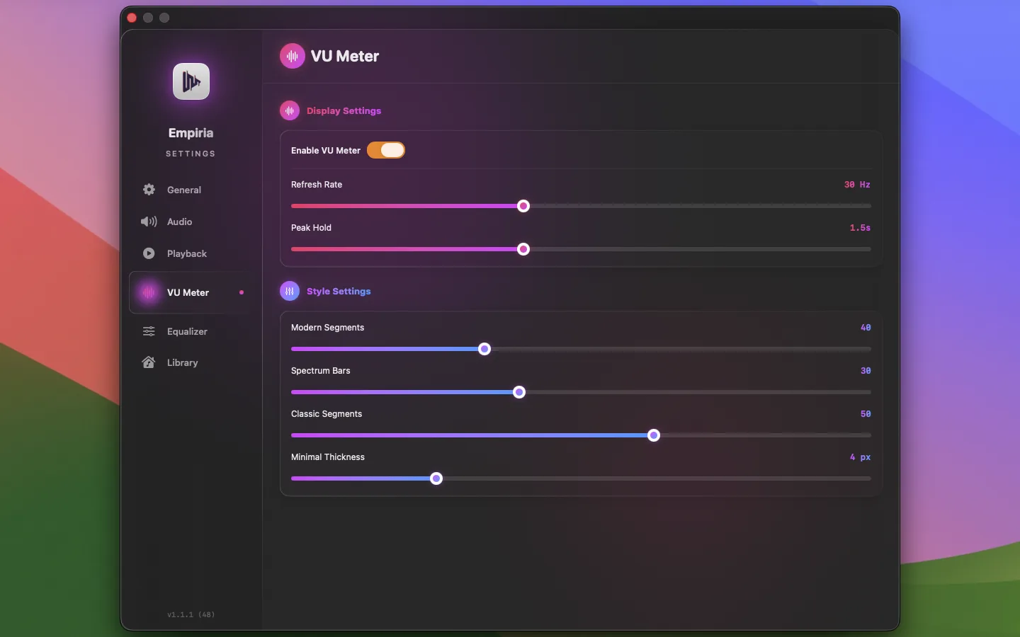 Empiria VU meter settings
