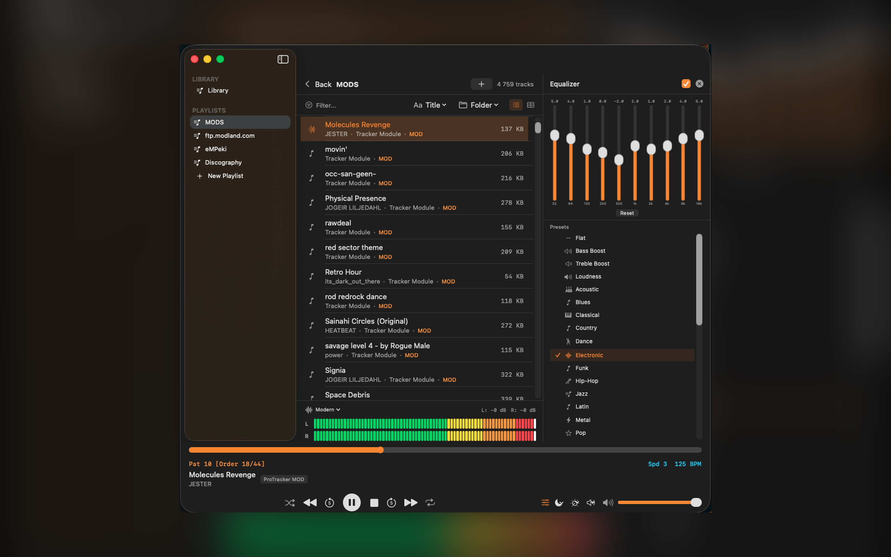 Empiria MODS playlist with 4759 tracker modules, 10-band equalizer and Electronic preset